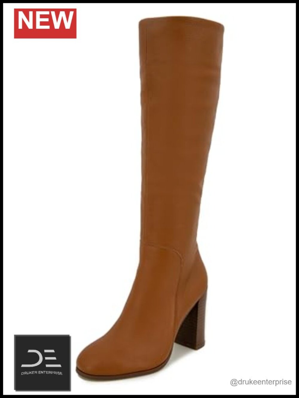 Knee-High Leather Heeled Boots with Block Heel & Hidden Zip